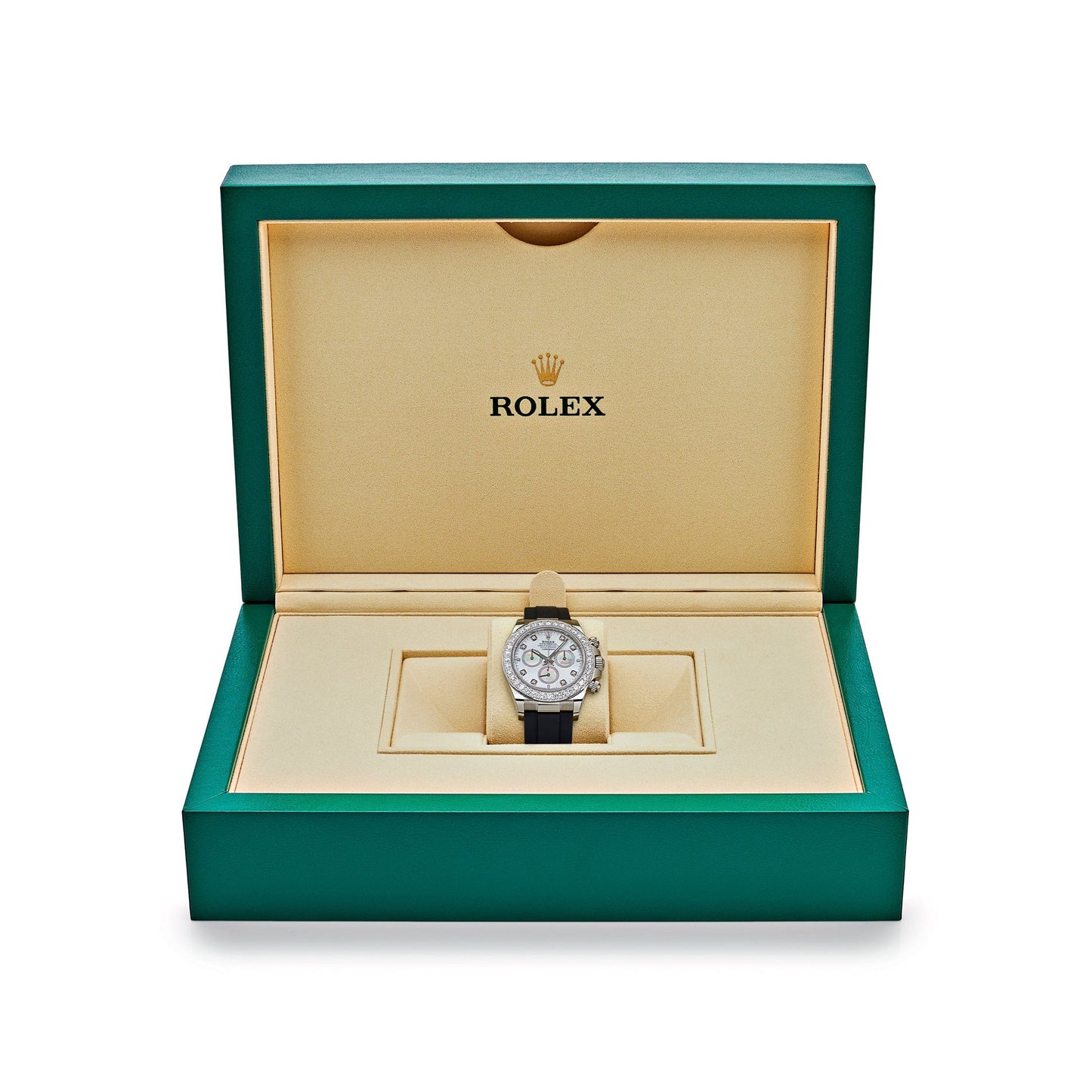 Rolex Daytona 126589RBR Or blanc, cadran en nacre serti de diamants, lunette sertie de diamants