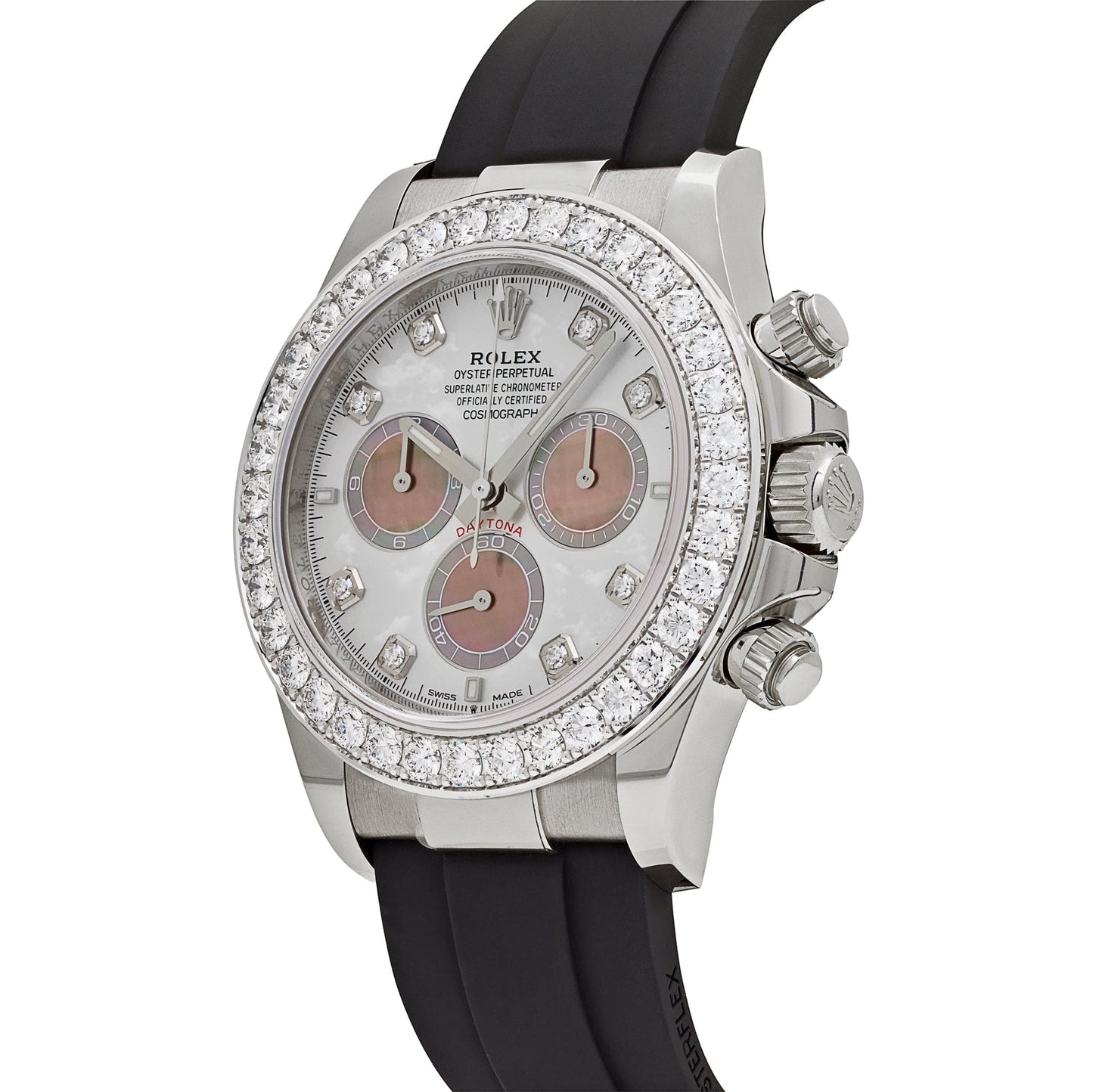 Rolex Daytona 126589RBR Or blanc, cadran en nacre serti de diamants, lunette sertie de diamants